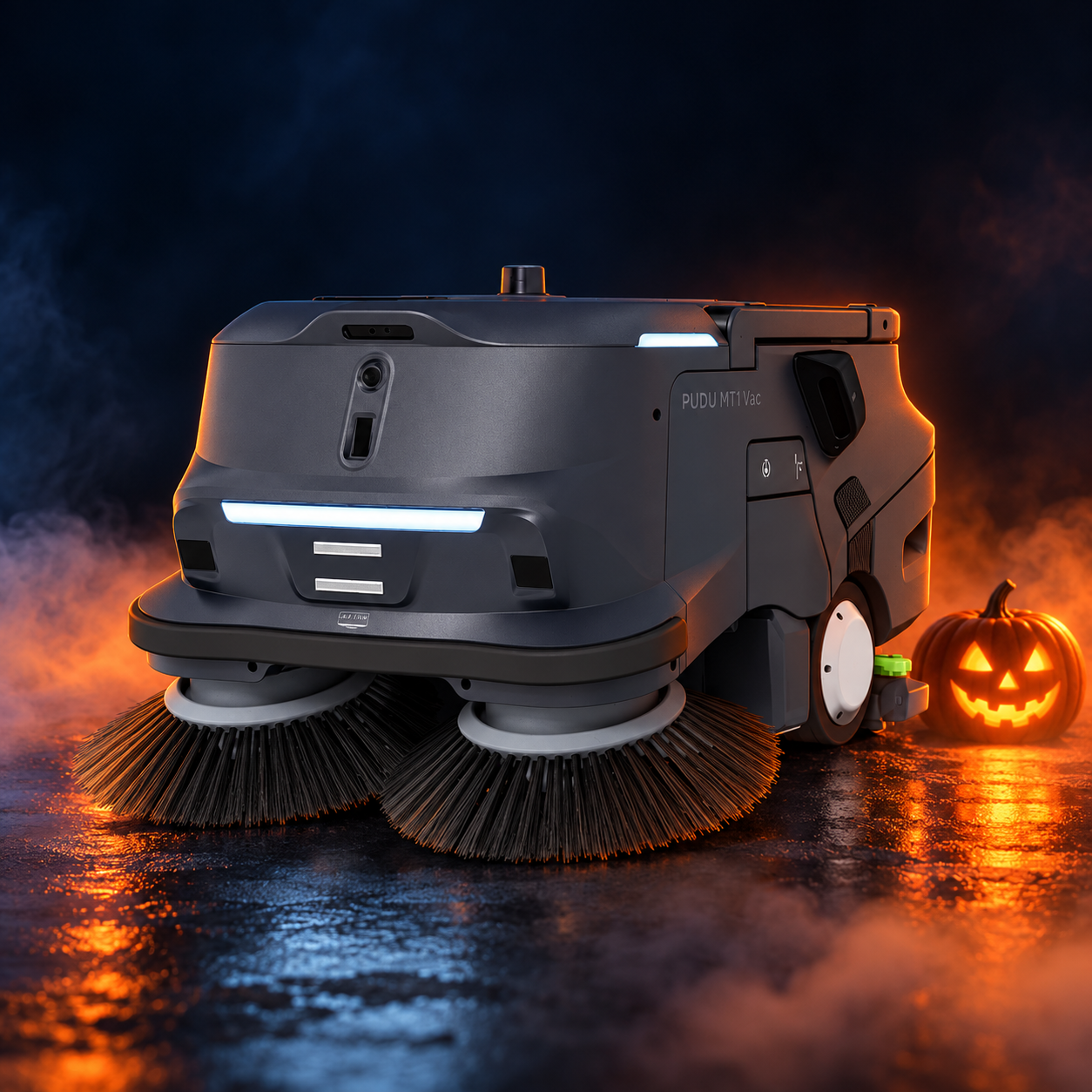 PUDU MT1 Vac Robotic Sweeper and Vacuum with decorative Halloween styling. Costume not included.